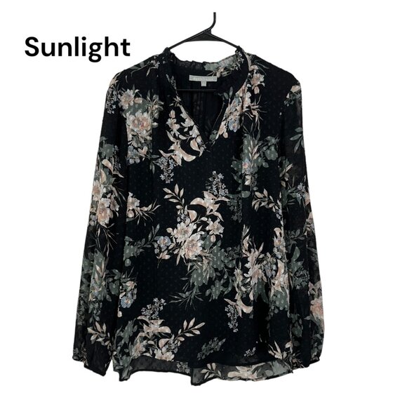 Daniel Rainn Black Floral Long-Sleeve V-Neck Tunic Blouse Women Size XL Pullover - Picture 1 of 15